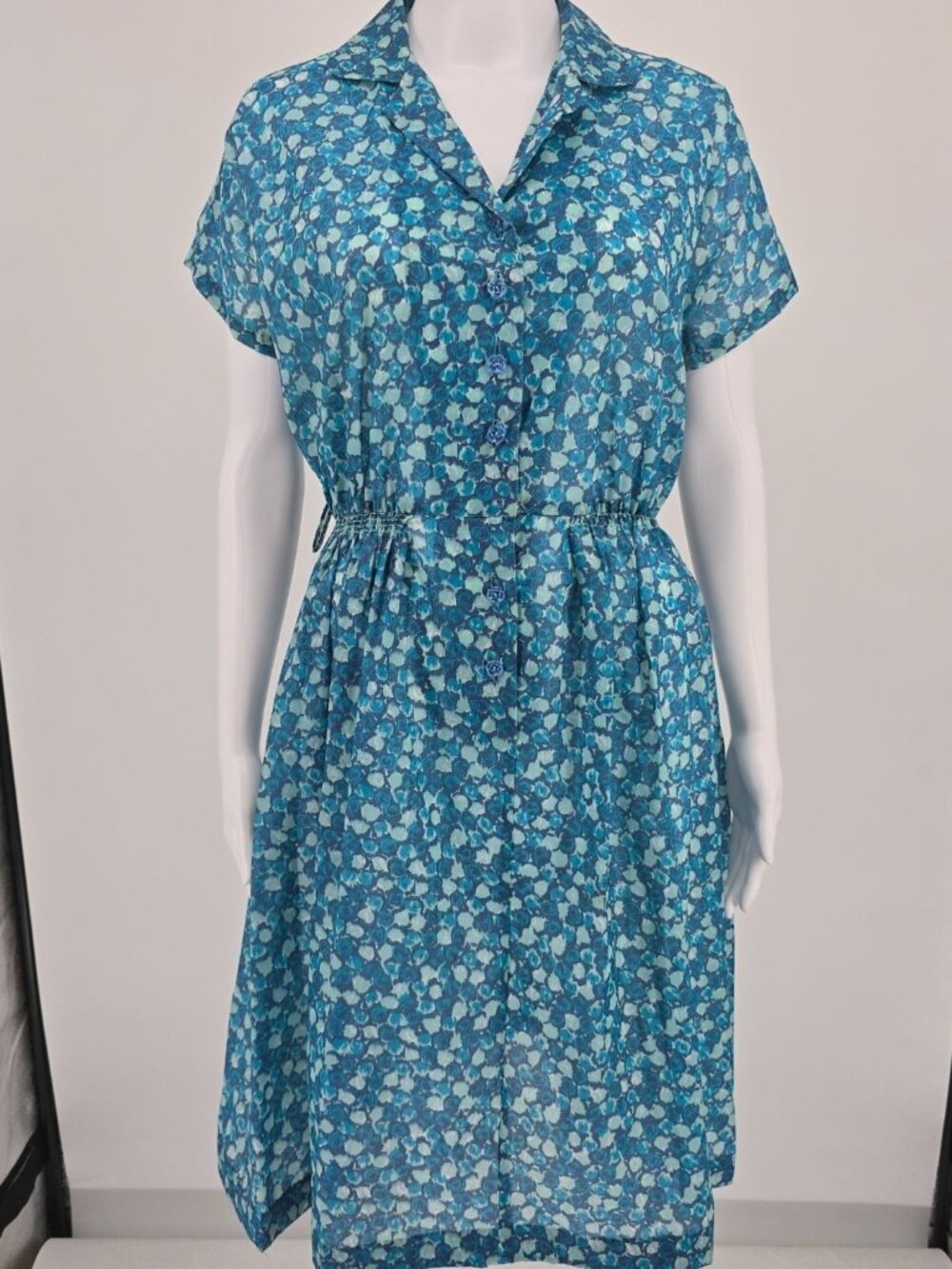 Vintage Late 1950s Blue Floral Semi-Sheer Elastic Waist Shirtdress Day Dress (M)